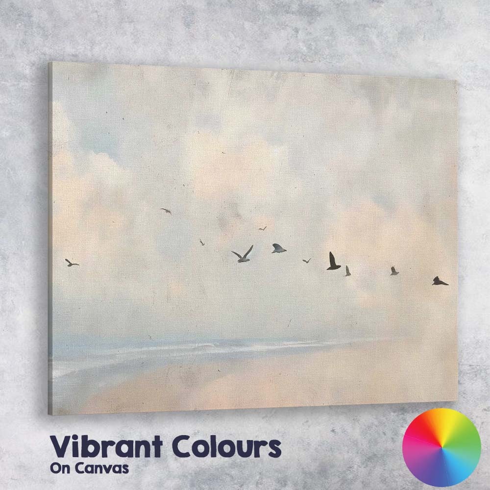 Minimal Coastal Birds Flying Over Calm Sea Landscape Canvas Wall Art Print Decor Picture Ready to Hang