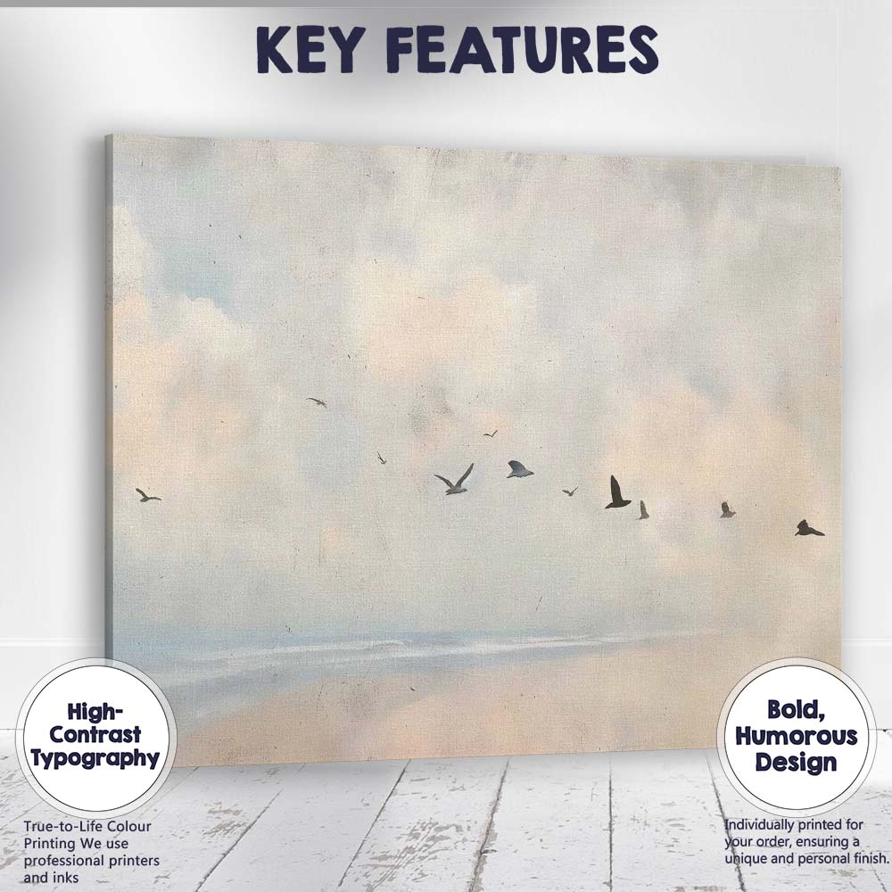 Minimal Coastal Birds Flying Over Calm Sea Landscape Canvas Wall Art Print Decor Picture Ready to Hang