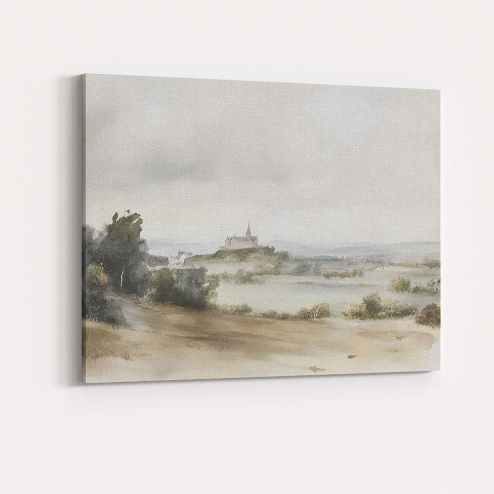 Minimalist Watercolour Country Church Misty Rural Landscape Canvas Wall Art Print Decor Picture Ready to Hang