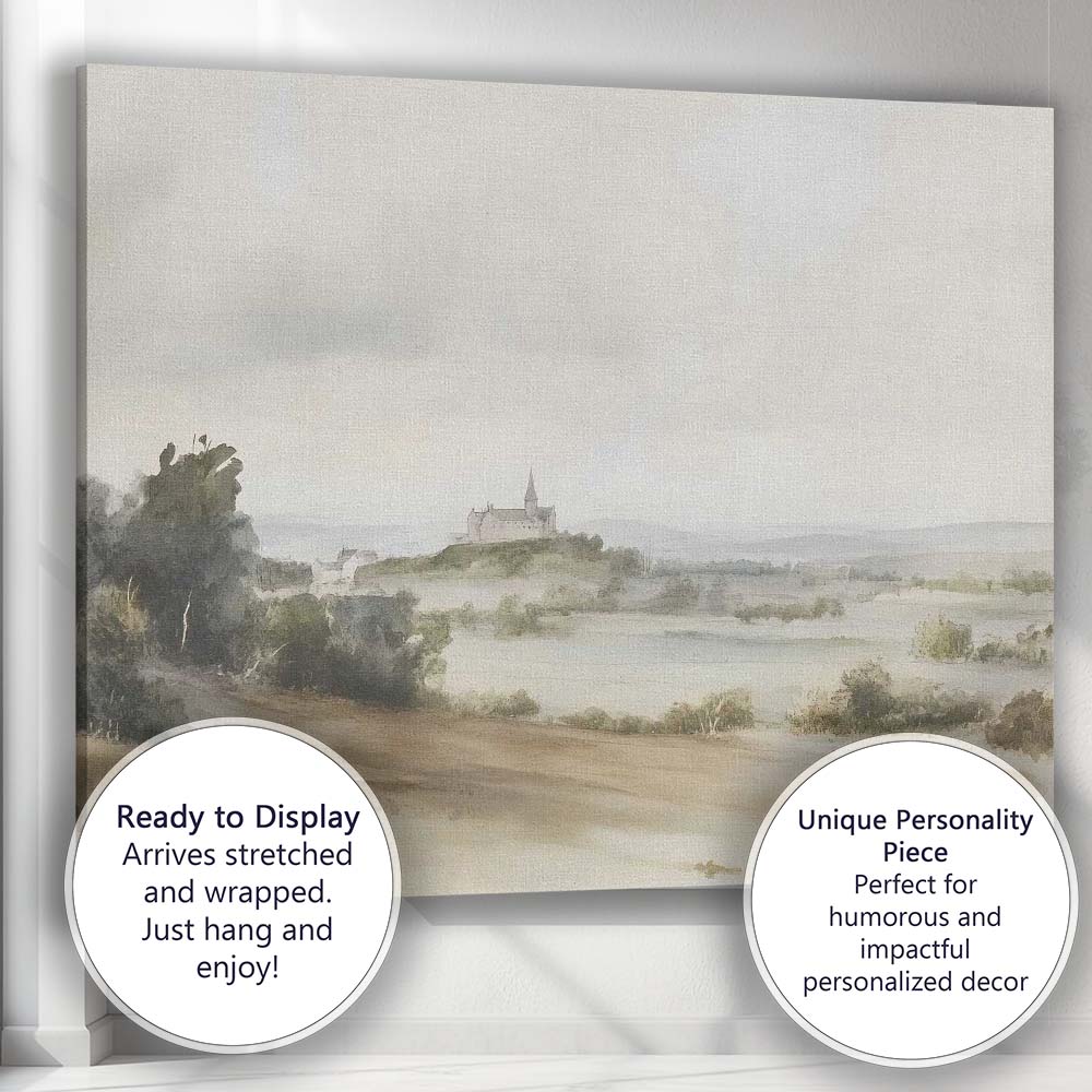 Minimalist Watercolour Country Church Misty Rural Landscape Canvas Wall Art Print Decor Picture Ready to Hang