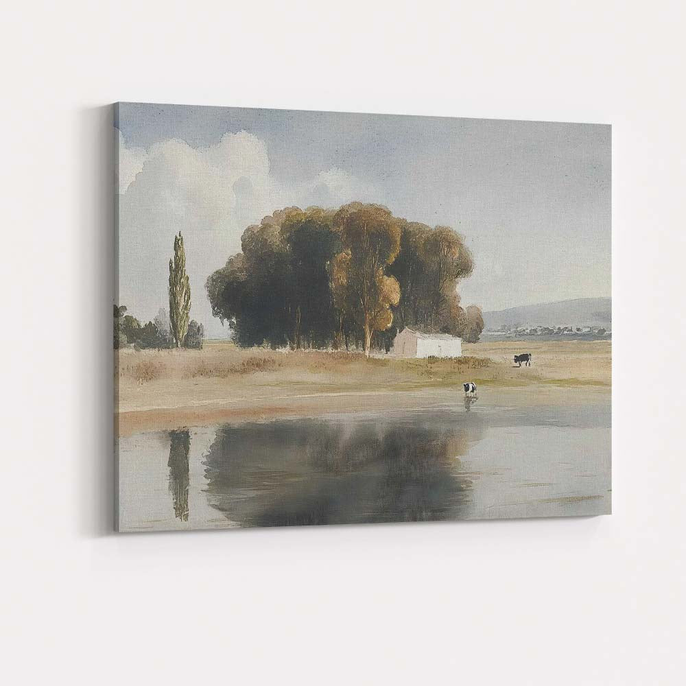 Rustic Countryside Pond Cows Woodland Watercolour Landscape Canvas Wall Art Print Decor Picture Ready to Hang