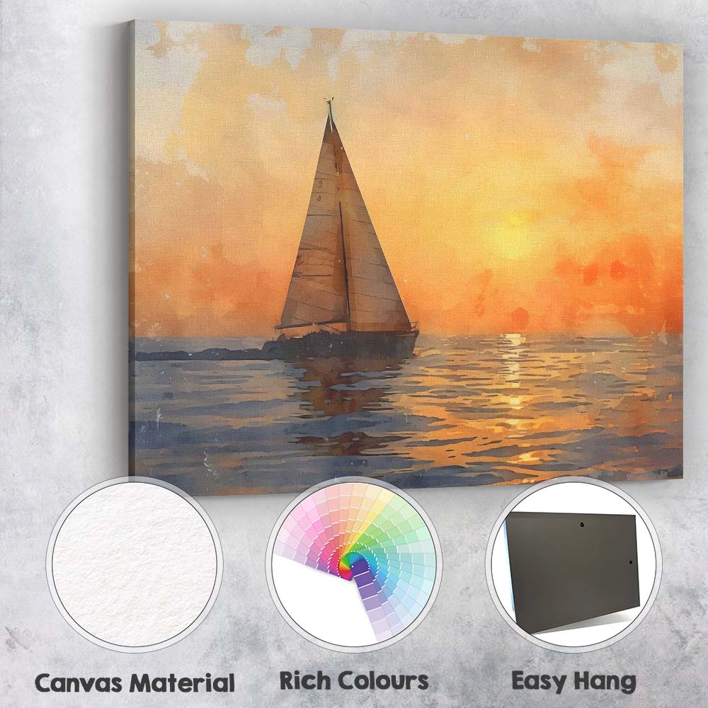 Golden Sunset Sailboat Watercolour Ocean Seascape Canvas Wall Art Print Decor Picture Ready to Hang