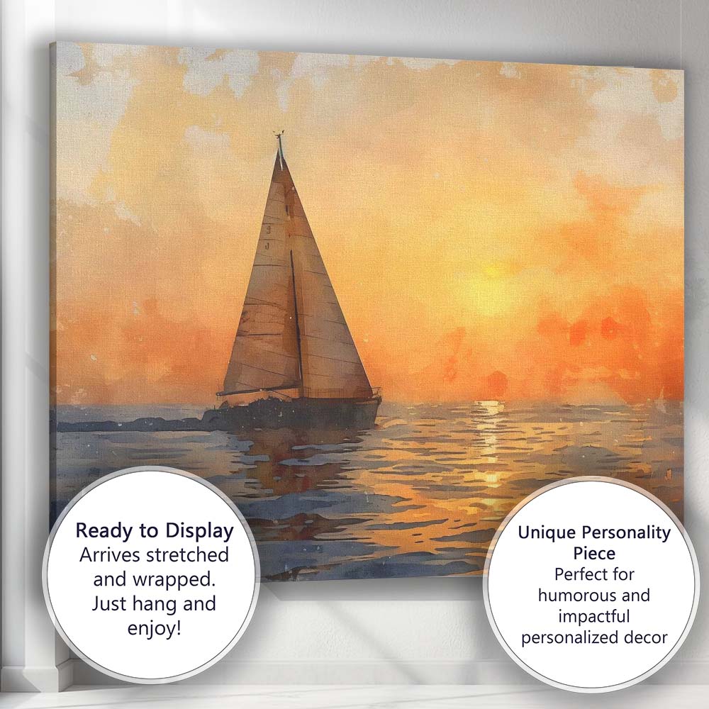 Golden Sunset Sailboat Watercolour Ocean Seascape Canvas Wall Art Print Decor Picture Ready to Hang