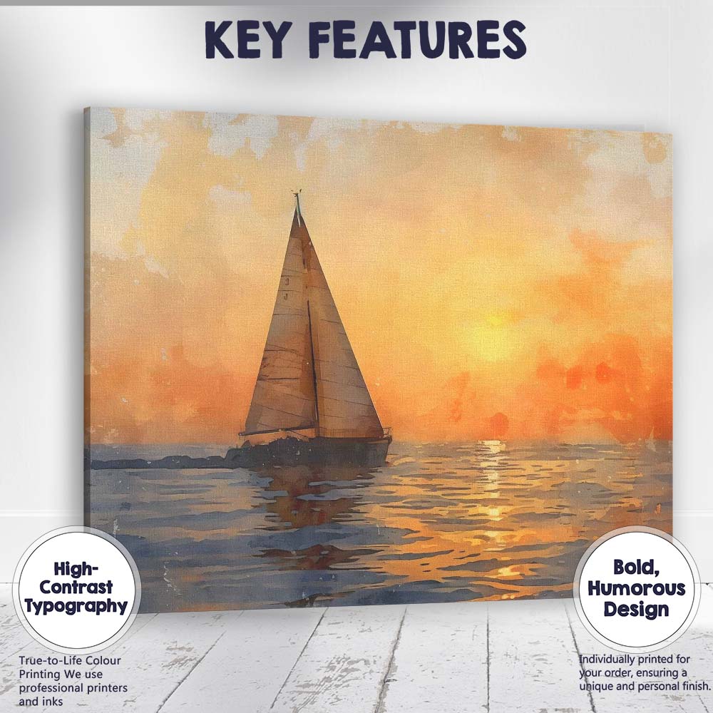 Golden Sunset Sailboat Watercolour Ocean Seascape Canvas Wall Art Print Decor Picture Ready to Hang
