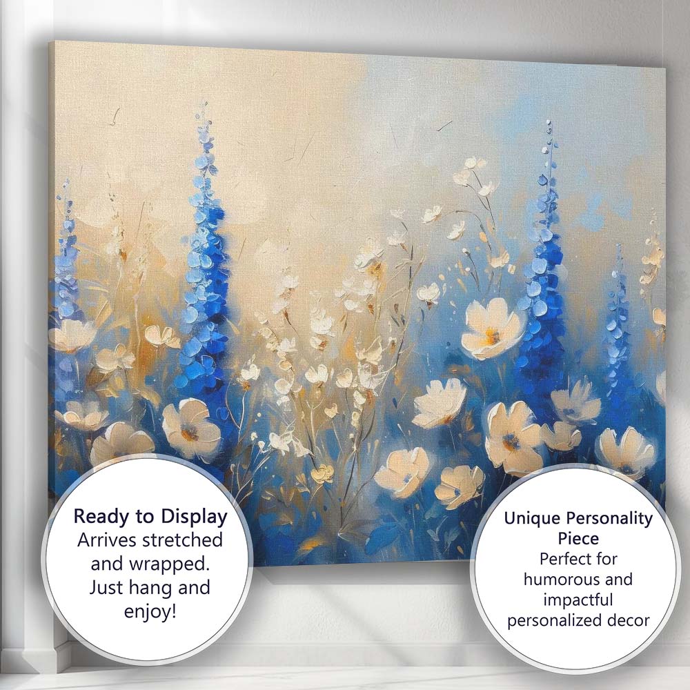 Blue Delphinium White Wildflower Meadow Impressionist Floral Canvas Wall Art Print Decor Picture Ready to Hang