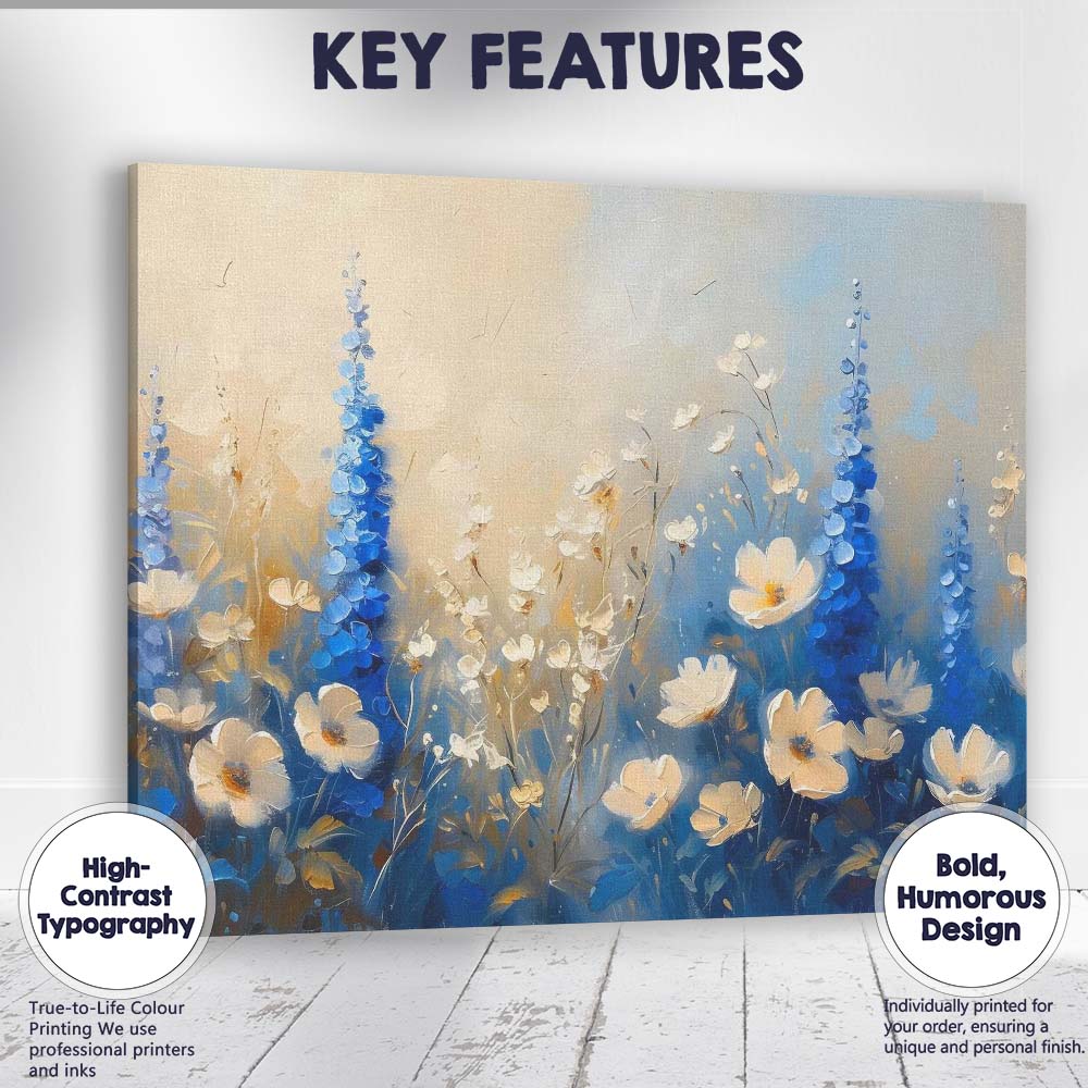 Blue Delphinium White Wildflower Meadow Impressionist Floral Canvas Wall Art Print Decor Picture Ready to Hang