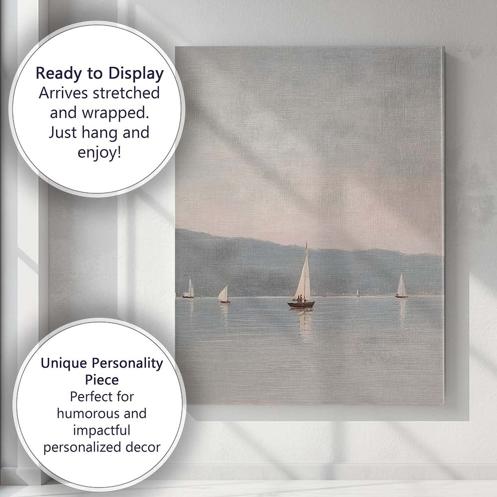Serene Misty Lake Sailboats Coastal Landscape Canvas Wall Art Print Decor Picture Ready to Hang