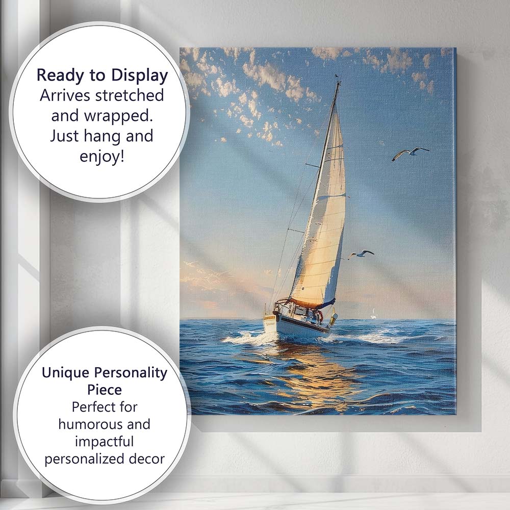 Golden Sunset Ocean Sailing Yacht Seagulls Coastal Seascape Canvas Wall Art Print Decor Picture Ready to Hang