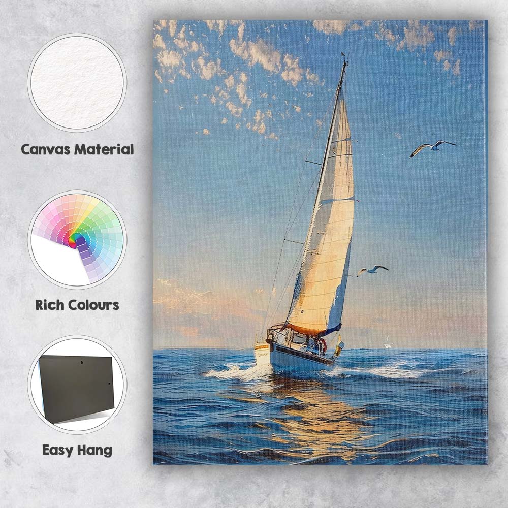 Golden Sunset Ocean Sailing Yacht Seagulls Coastal Seascape Canvas Wall Art Print Decor Picture Ready to Hang