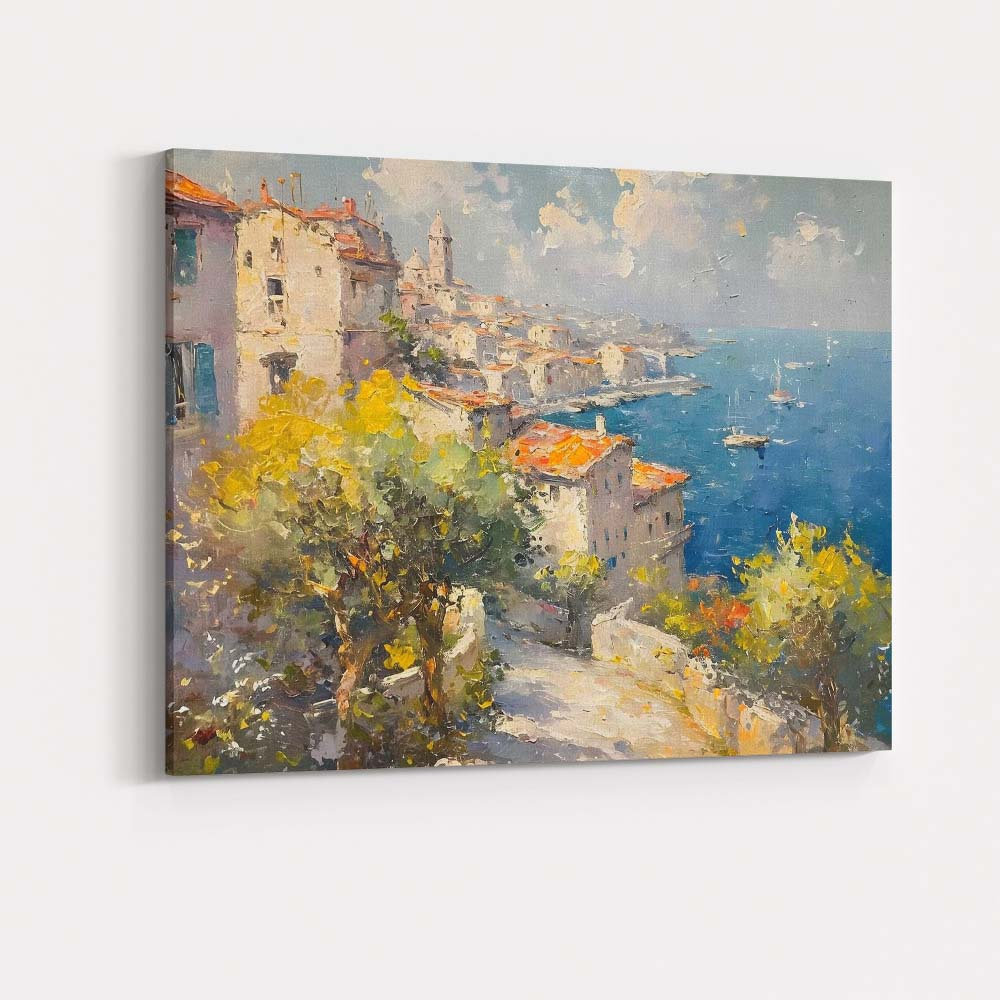 Mediterranean Coastal Village Harbour Impressionist Landscape Canvas Wall Art Print Decor Picture Ready to Hang