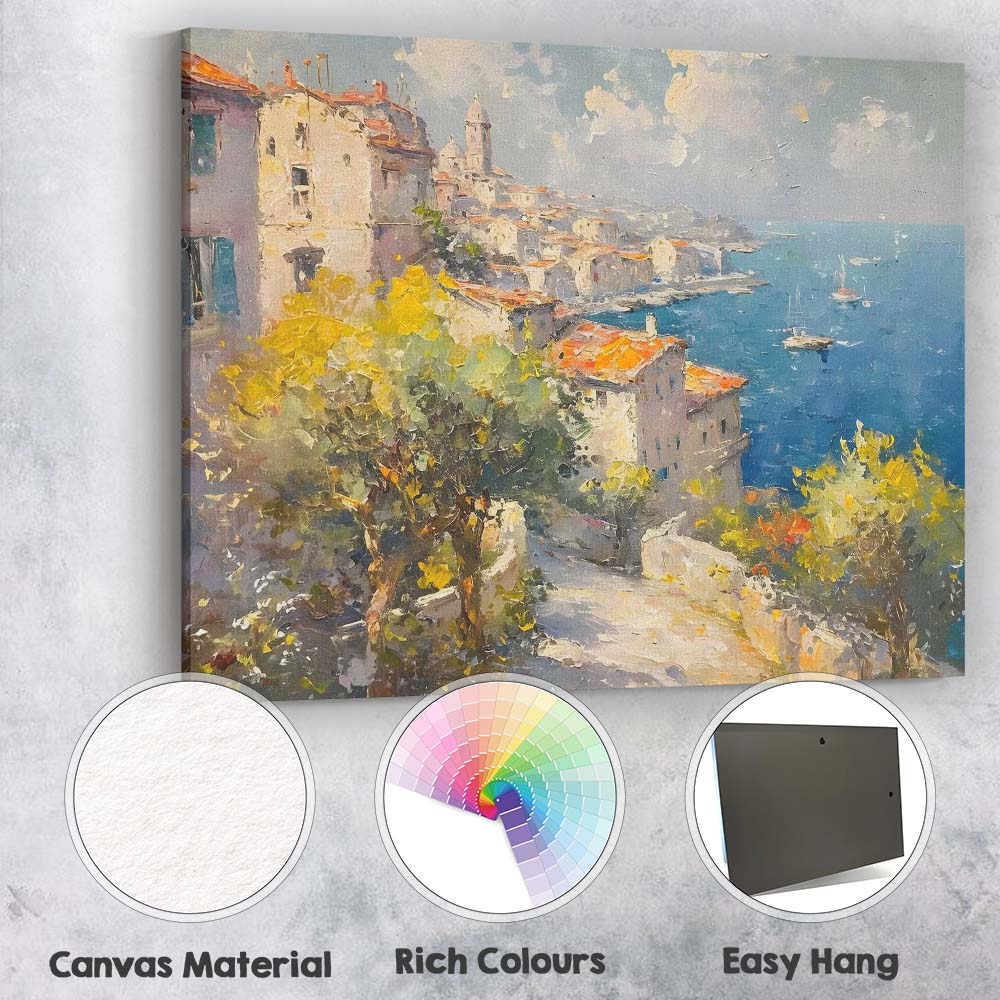 Mediterranean Coastal Village Harbour Impressionist Landscape Canvas Wall Art Print Decor Picture Ready to Hang
