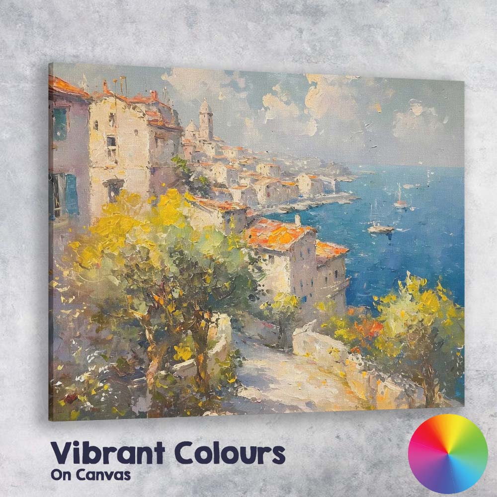 Mediterranean Coastal Village Harbour Impressionist Landscape Canvas Wall Art Print Decor Picture Ready to Hang