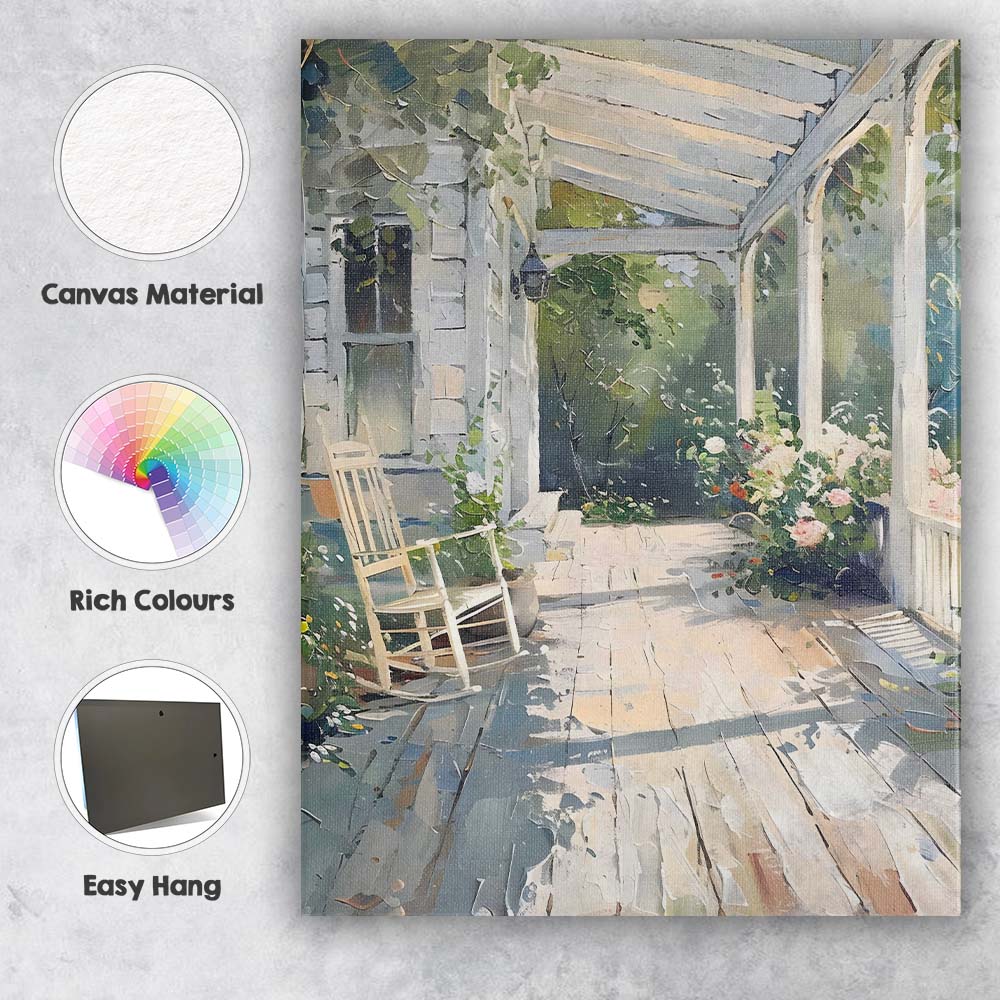 Abstract Impressionist White Garden Veranda Rocking Chair Floral Sunlit Patio Canvas Wall Art Print Decor Picture Ready to Hang