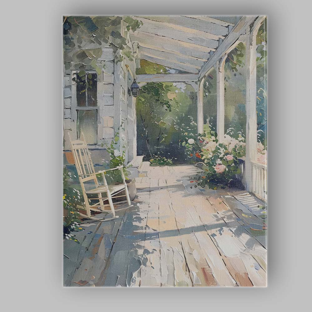 Abstract Impressionist White Garden Veranda Rocking Chair Floral Sunlit Patio Canvas Wall Art Print Decor Picture Ready to Hang