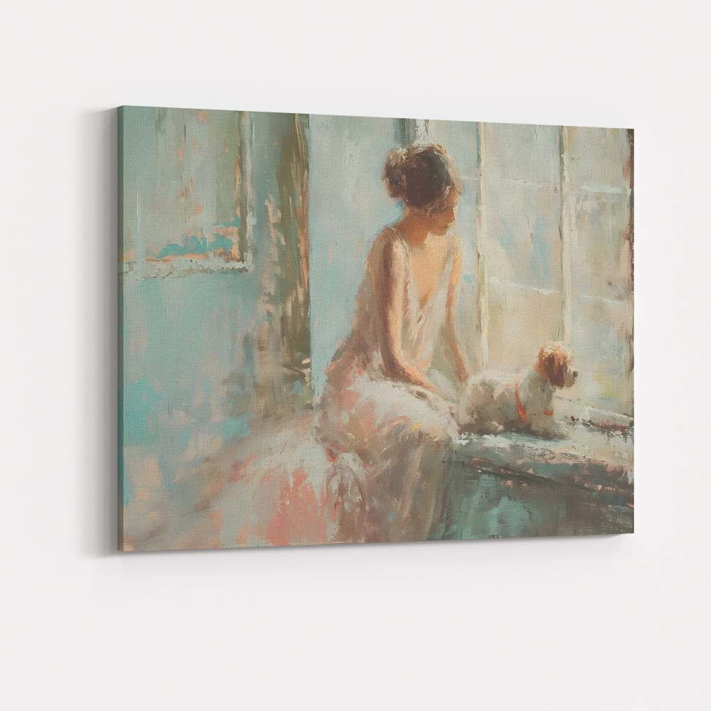 Dreamy Impressionist Woman With Dog By Window Pastel Interior Canvas Wall Art Print Decor Picture Ready to Hang