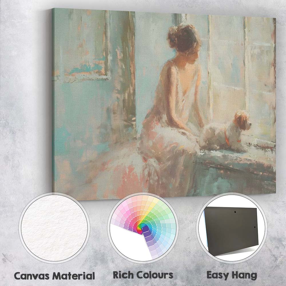 Dreamy Impressionist Woman With Dog By Window Pastel Interior Canvas Wall Art Print Decor Picture Ready to Hang