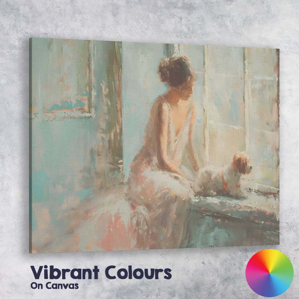 Dreamy Impressionist Woman With Dog By Window Pastel Interior Canvas Wall Art Print Decor Picture Ready to Hang