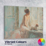 Dreamy Impressionist Woman With Dog By Window Pastel Interior Canvas Wall Art Print Decor Picture Ready to Hang