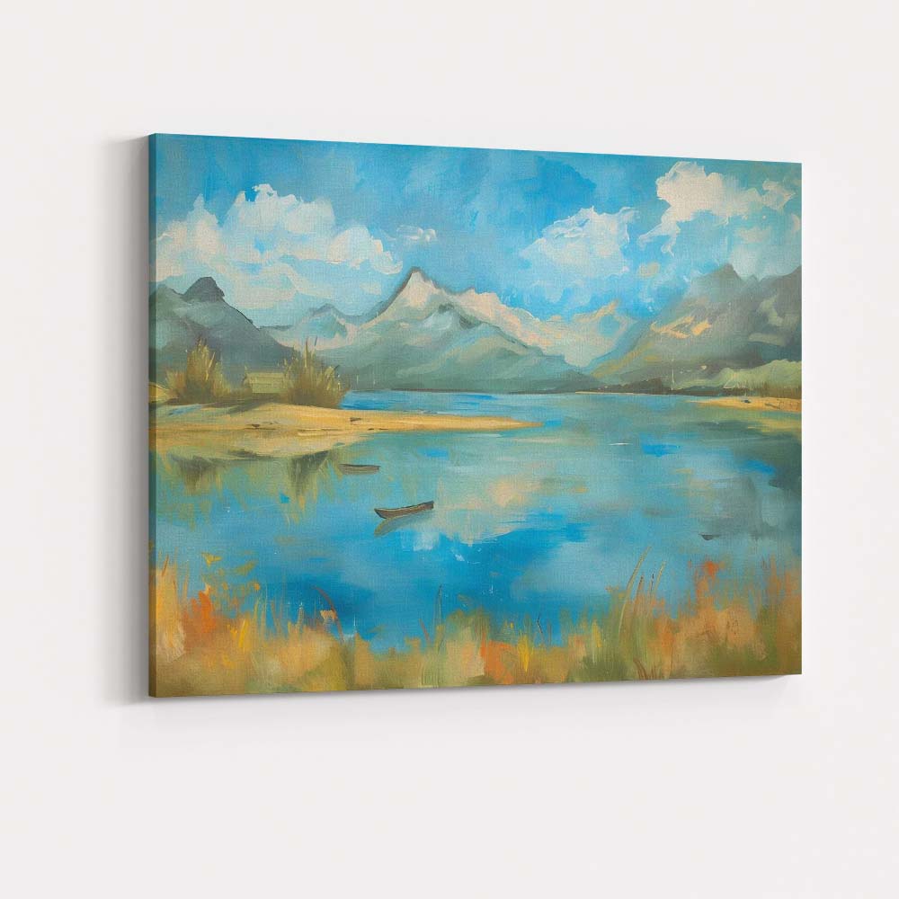 Bright Blue Mountain Lake Panoramic Landscape Impressionist Nature Canvas Wall Art Print Decor Picture Ready to Hang