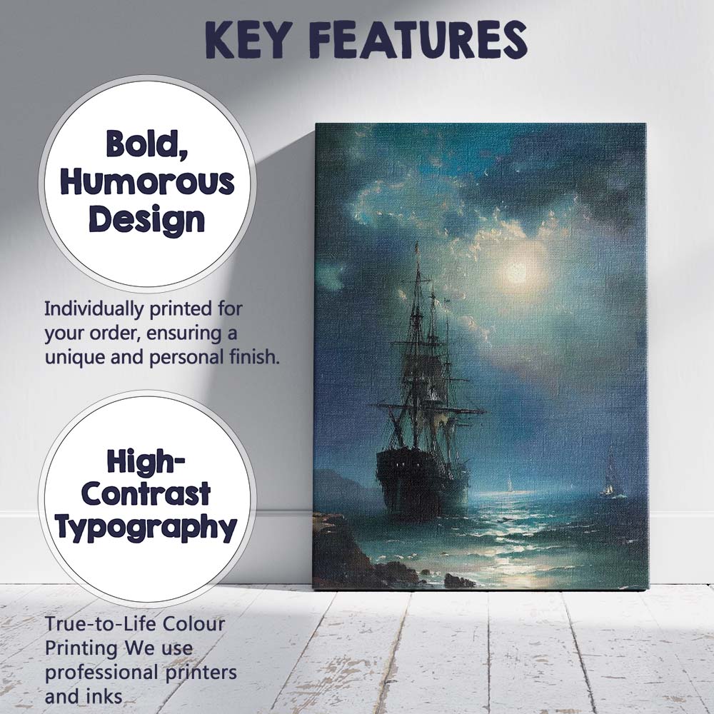 Moonlit Tall Ship Ocean Seascape Dramatic Maritime Painting Canvas Wall Art Print Decor Picture Ready to Hang