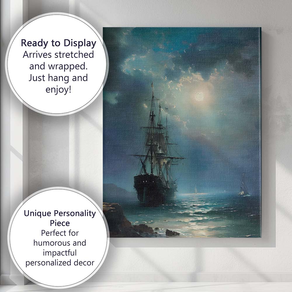 Moonlit Tall Ship Ocean Seascape Dramatic Maritime Painting Canvas Wall Art Print Decor Picture Ready to Hang
