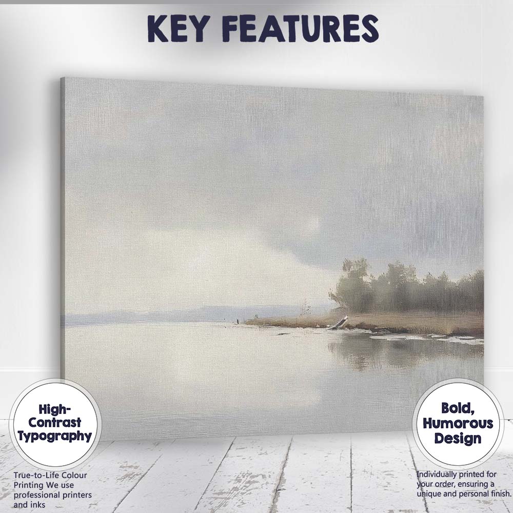 Minimalist Misty Lake Tranquil Waters Soft Neutral Landscape Canvas Wall Art Print Decor Picture Ready to Hang