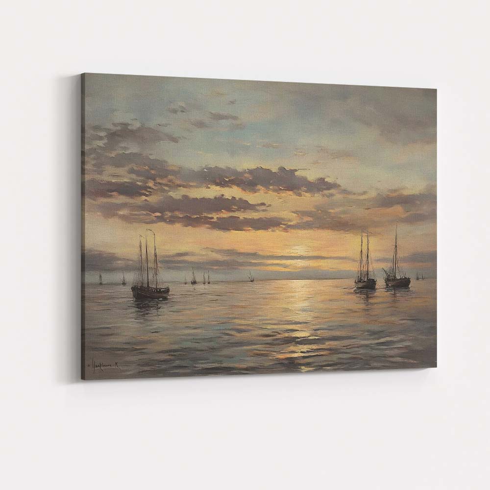 Golden Sunset Sailing Boats Calm Sea Coastal Seascape Canvas Wall Art Print Decor Picture Ready to Hang