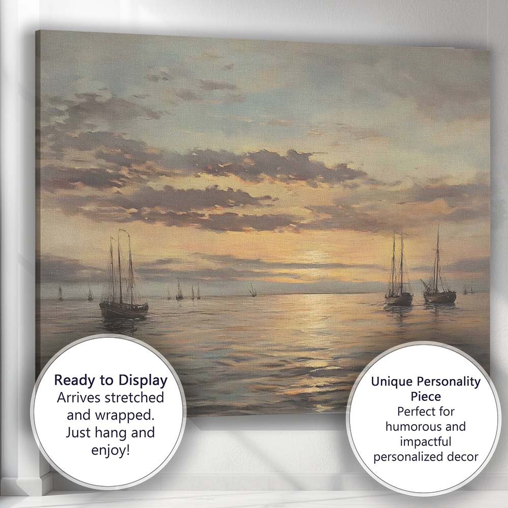 Golden Sunset Sailing Boats Calm Sea Coastal Seascape Canvas Wall Art Print Decor Picture Ready to Hang