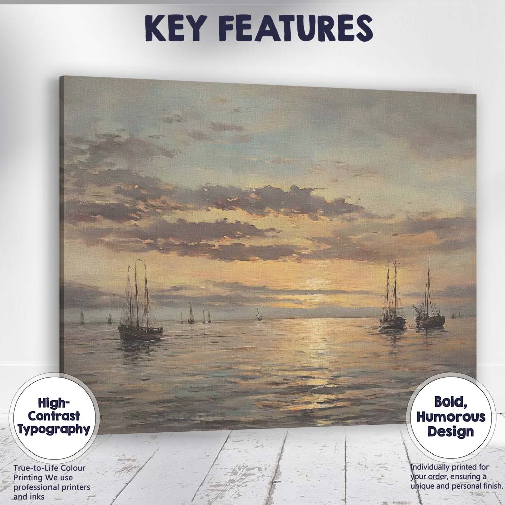 Golden Sunset Sailing Boats Calm Sea Coastal Seascape Canvas Wall Art Print Decor Picture Ready to Hang