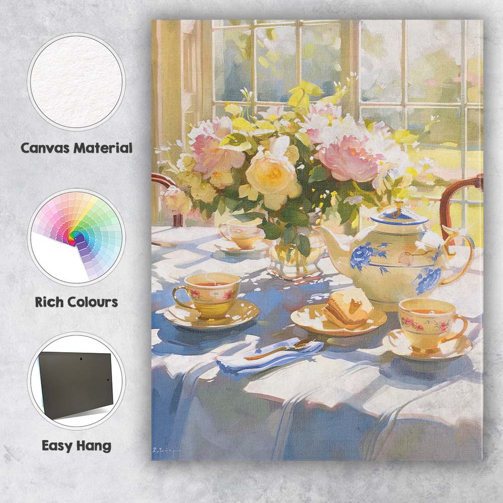 Elegant Floral Tea Time Still Life Window Scene Canvas Wall Art Print Decor Picture Ready to Hang