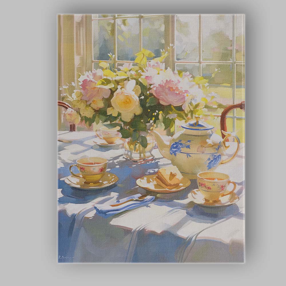Elegant Floral Tea Time Still Life Window Scene Canvas Wall Art Print Decor Picture Ready to Hang