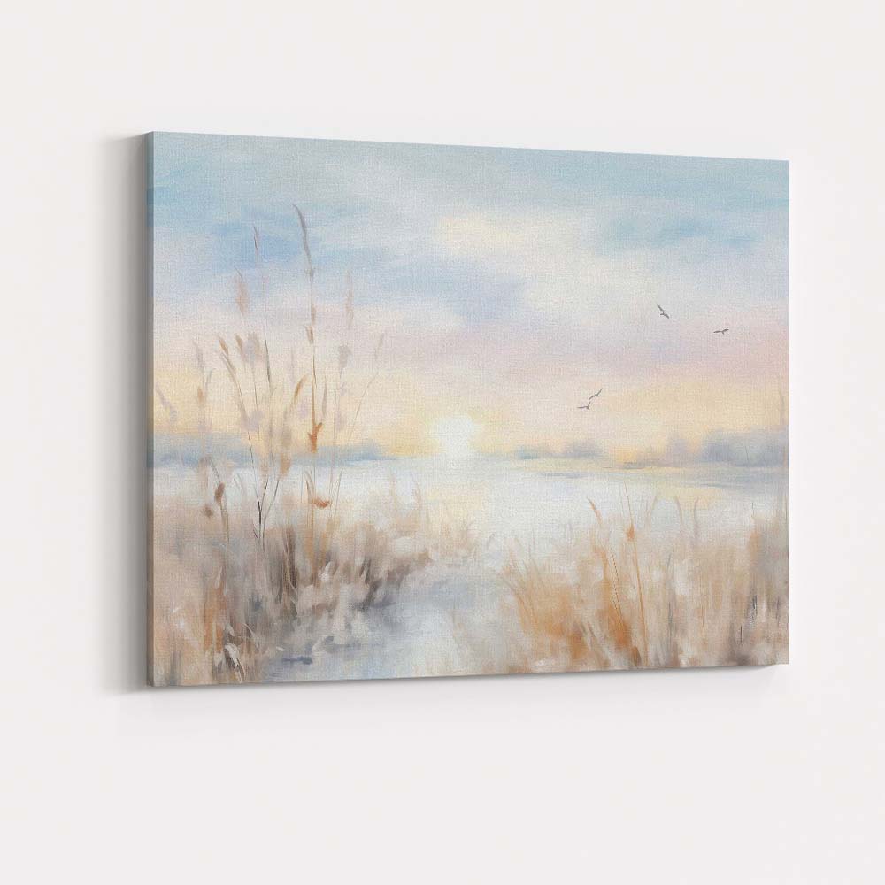 Dreamy Misty Waterside Sunrise Reed Landscape Canvas Wall Art Print Decor Picture Ready to Hang