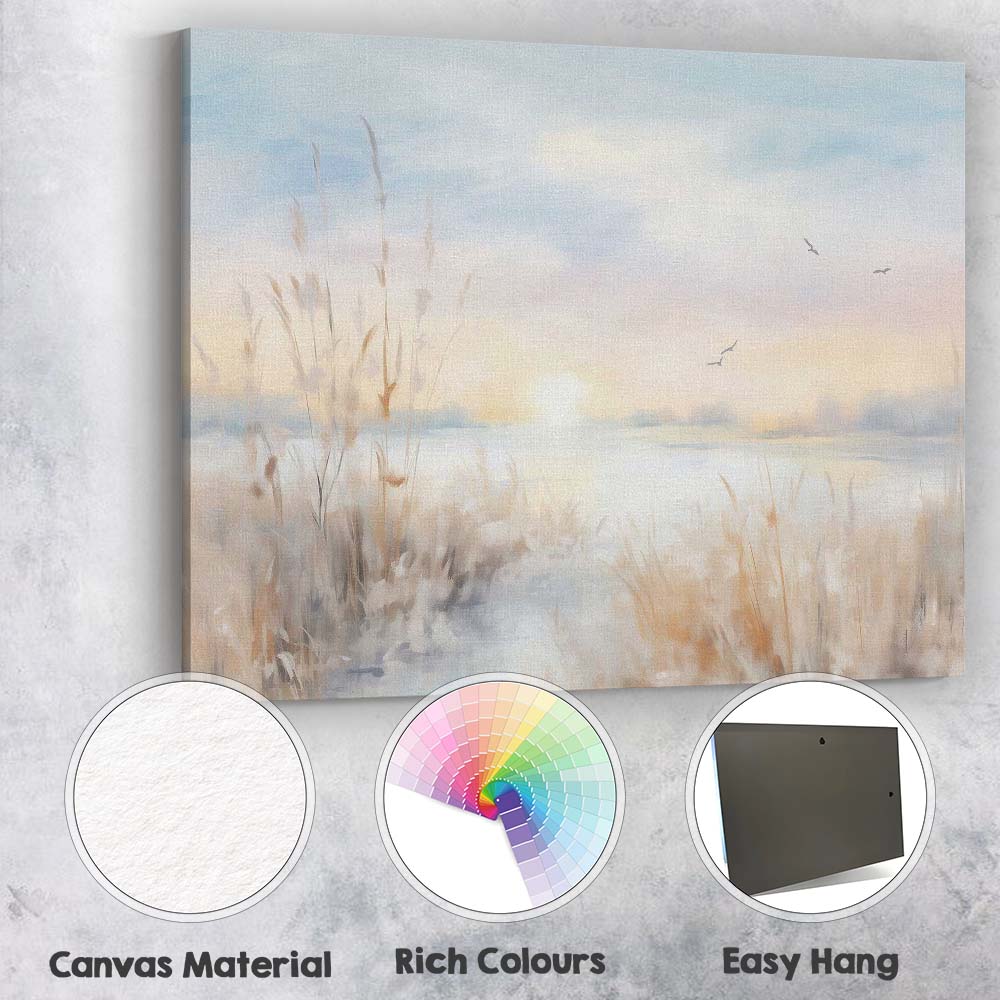 Dreamy Misty Waterside Sunrise Reed Landscape Canvas Wall Art Print Decor Picture Ready to Hang
