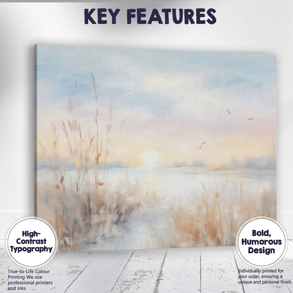 Dreamy Misty Waterside Sunrise Reed Landscape Canvas Wall Art Print Decor Picture Ready to Hang