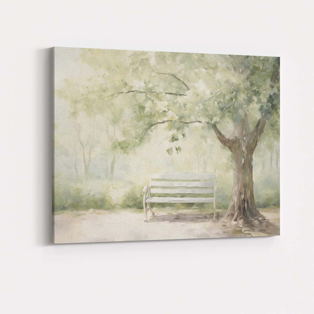 Sunlit Garden Bench Under Leafy Tree Impressionist Canvas Wall Art Print Decor Picture Ready to Hang