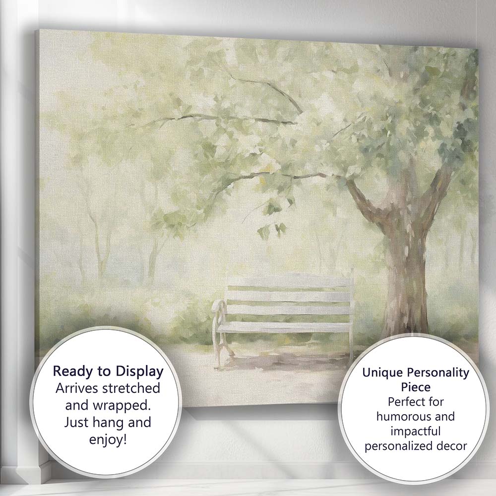 Sunlit Garden Bench Under Leafy Tree Impressionist Canvas Wall Art Print Decor Picture Ready to Hang