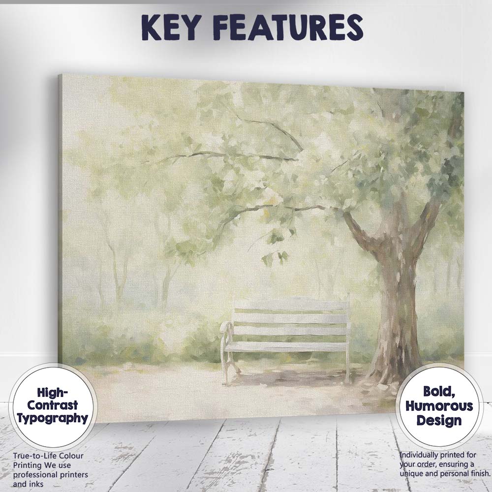 Sunlit Garden Bench Under Leafy Tree Impressionist Canvas Wall Art Print Decor Picture Ready to Hang