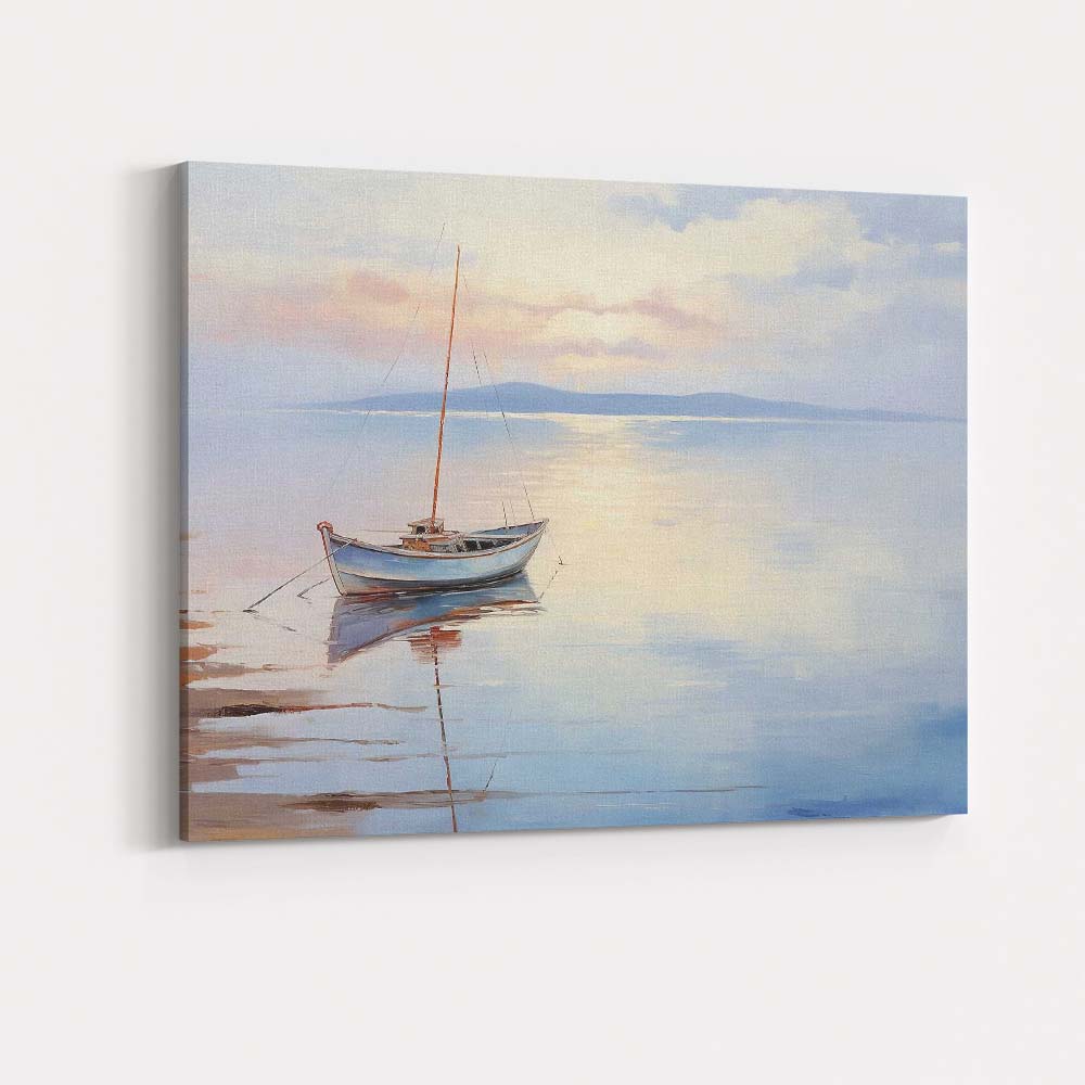 Soft Pastel Sunrise Fishing Boat Coastal Seascape Reflection Canvas Wall Art Print Decor Picture Ready to Hang