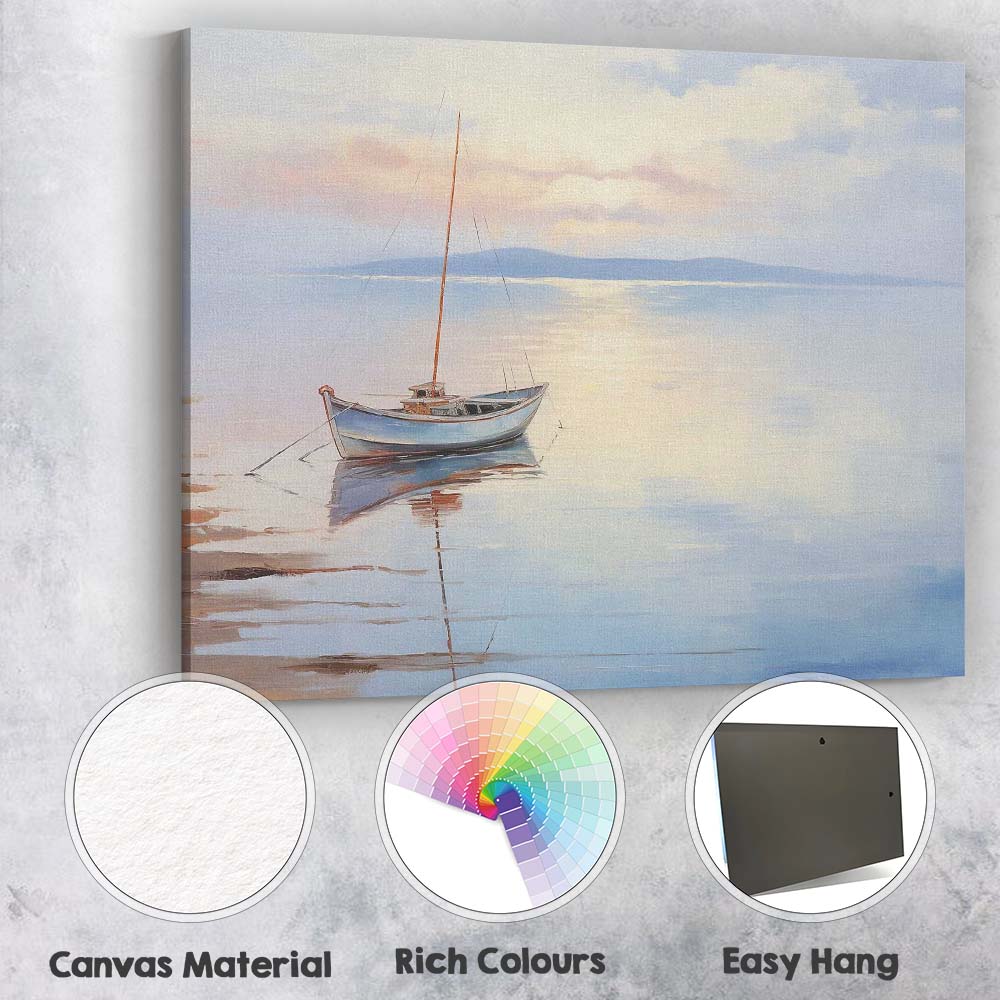 Soft Pastel Sunrise Fishing Boat Coastal Seascape Reflection Canvas Wall Art Print Decor Picture Ready to Hang