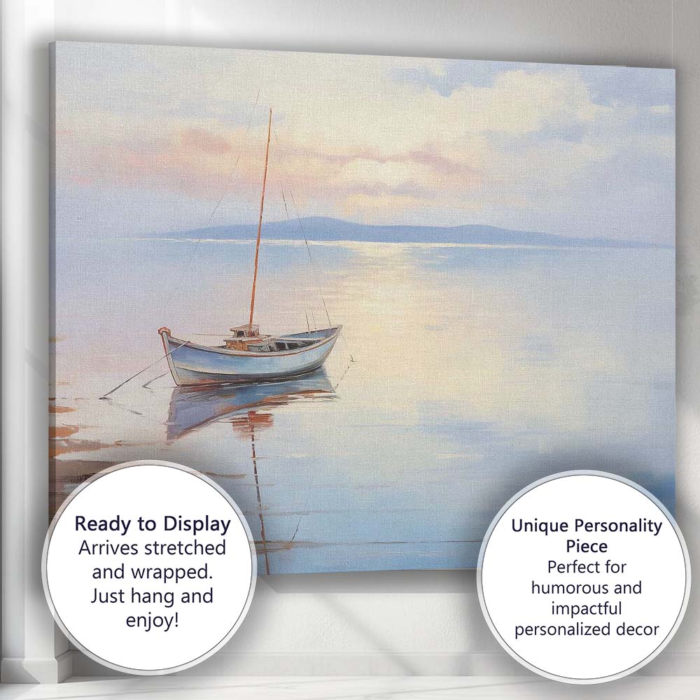 Soft Pastel Sunrise Fishing Boat Coastal Seascape Reflection Canvas Wall Art Print Decor Picture Ready to Hang