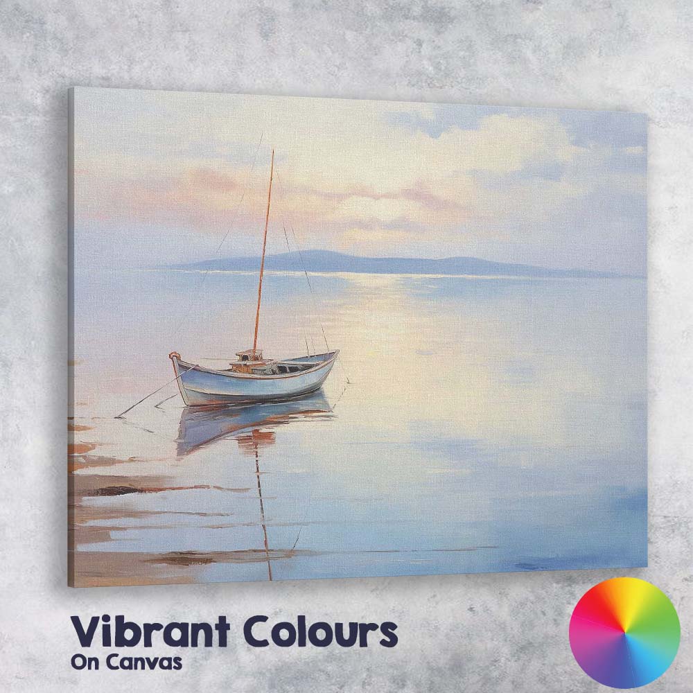 Soft Pastel Sunrise Fishing Boat Coastal Seascape Reflection Canvas Wall Art Print Decor Picture Ready to Hang