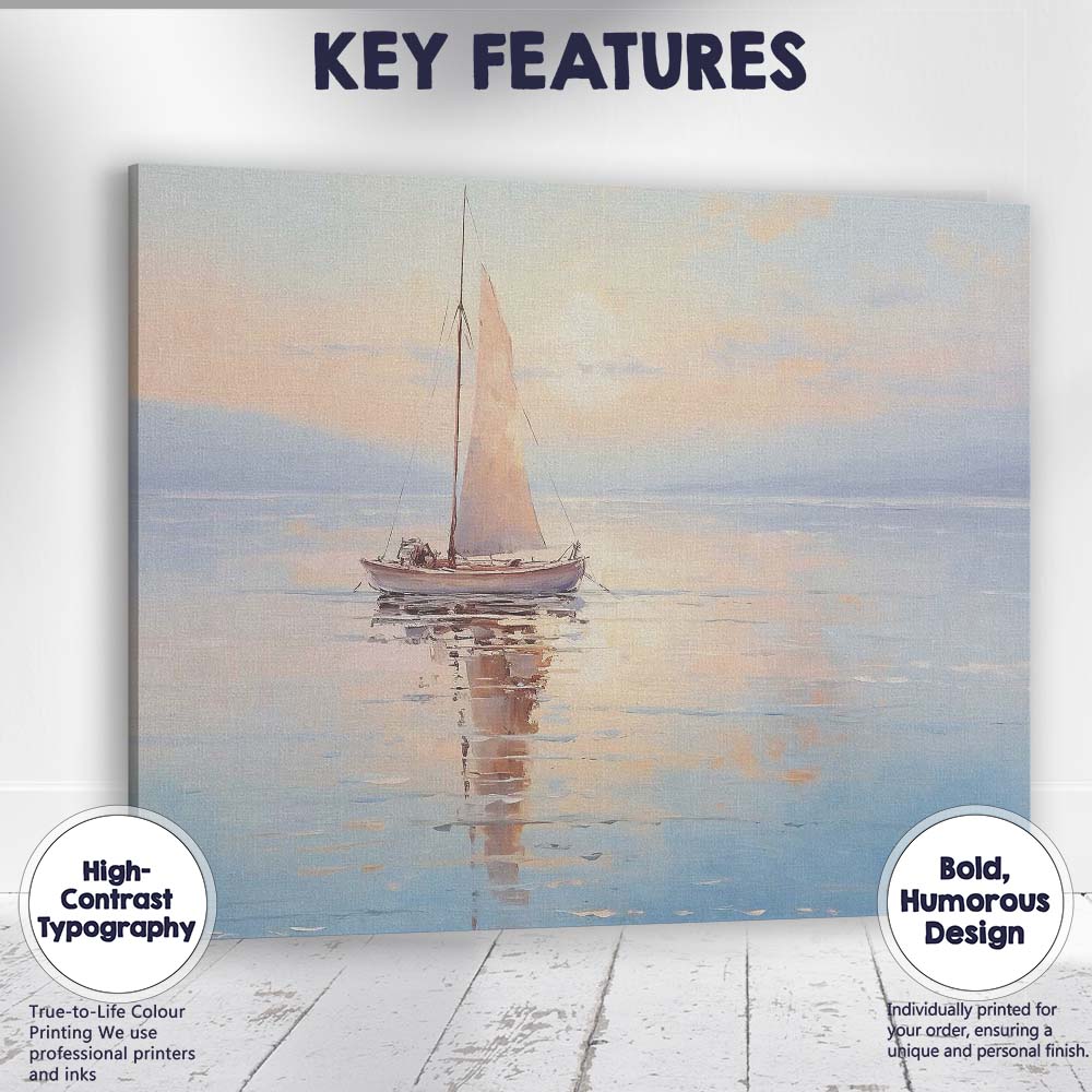 Tranquil Pastel Sailboat Sunrise Calm Sea Reflection Canvas Wall Art Print Decor Picture Ready to Hang