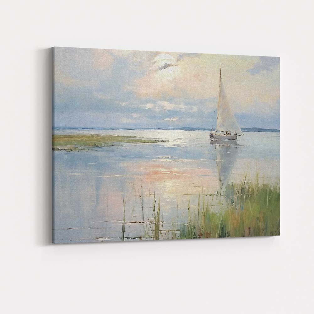 Peaceful Estuary Sailboat Reeds Coastal Sunrise Landscape Canvas Wall Art Print Decor Picture Ready to Hang