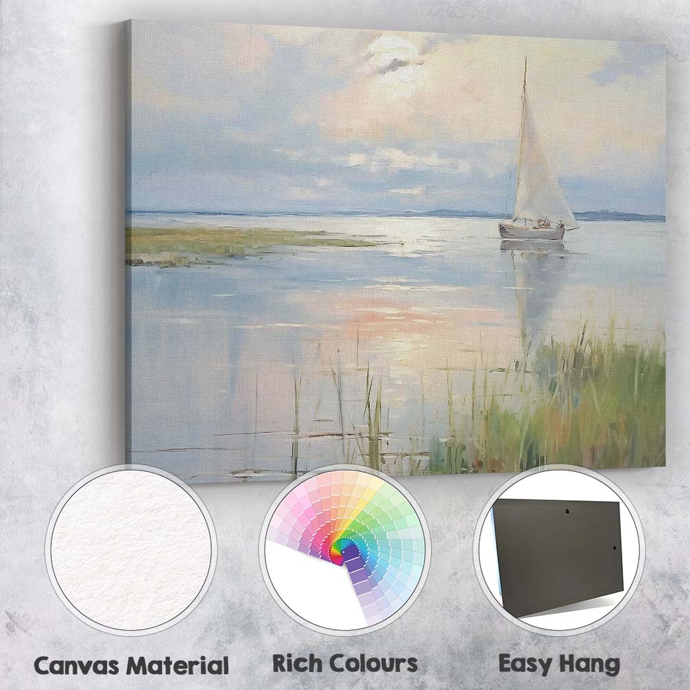 Peaceful Estuary Sailboat Reeds Coastal Sunrise Landscape Canvas Wall Art Print Decor Picture Ready to Hang