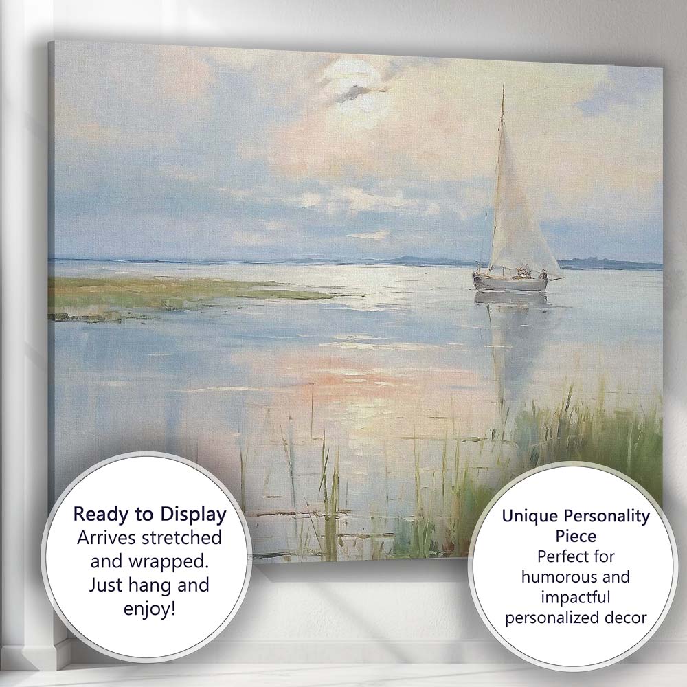 Peaceful Estuary Sailboat Reeds Coastal Sunrise Landscape Canvas Wall Art Print Decor Picture Ready to Hang
