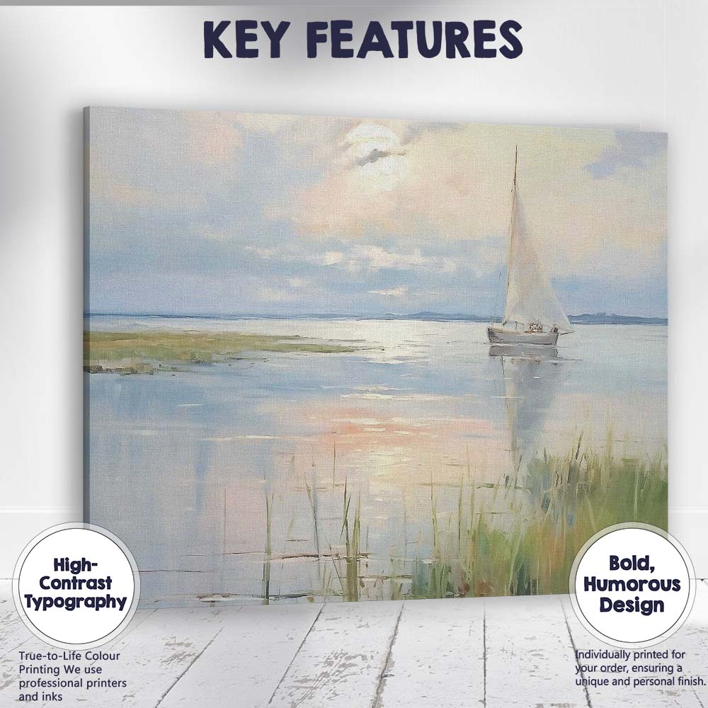 Peaceful Estuary Sailboat Reeds Coastal Sunrise Landscape Canvas Wall Art Print Decor Picture Ready to Hang