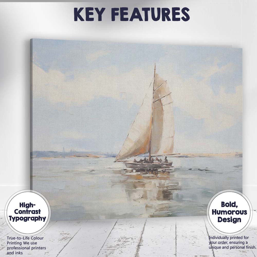 Elegant White Sailing Yacht Coastal Harbour Reflection Canvas Wall Art Print Decor Picture Ready to Hang
