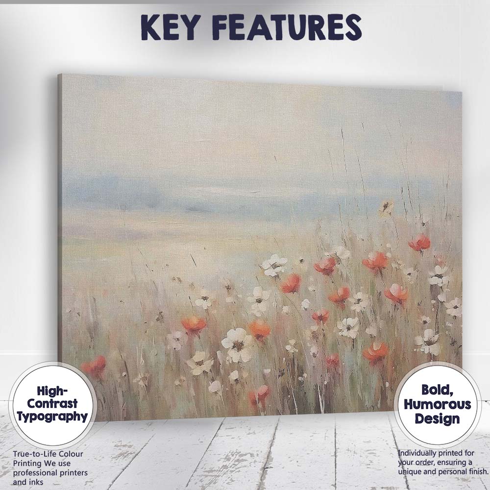 Soft Neutral Wildflower Meadow Impressionist Floral Landscape Canvas Wall Art Print Decor Picture Ready to Hang