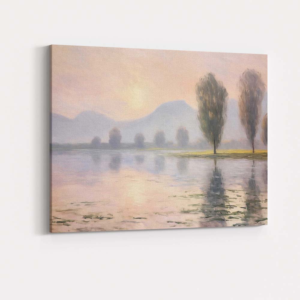 Soft Pink Dawn Lakeside Mountain Reflection Impressionist Landscape Canvas Wall Art Print Decor Picture Ready to Hang