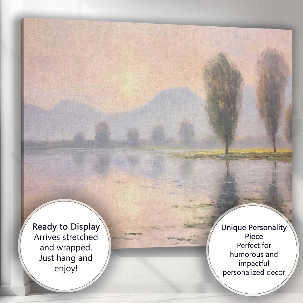 Soft Pink Dawn Lakeside Mountain Reflection Impressionist Landscape Canvas Wall Art Print Decor Picture Ready to Hang